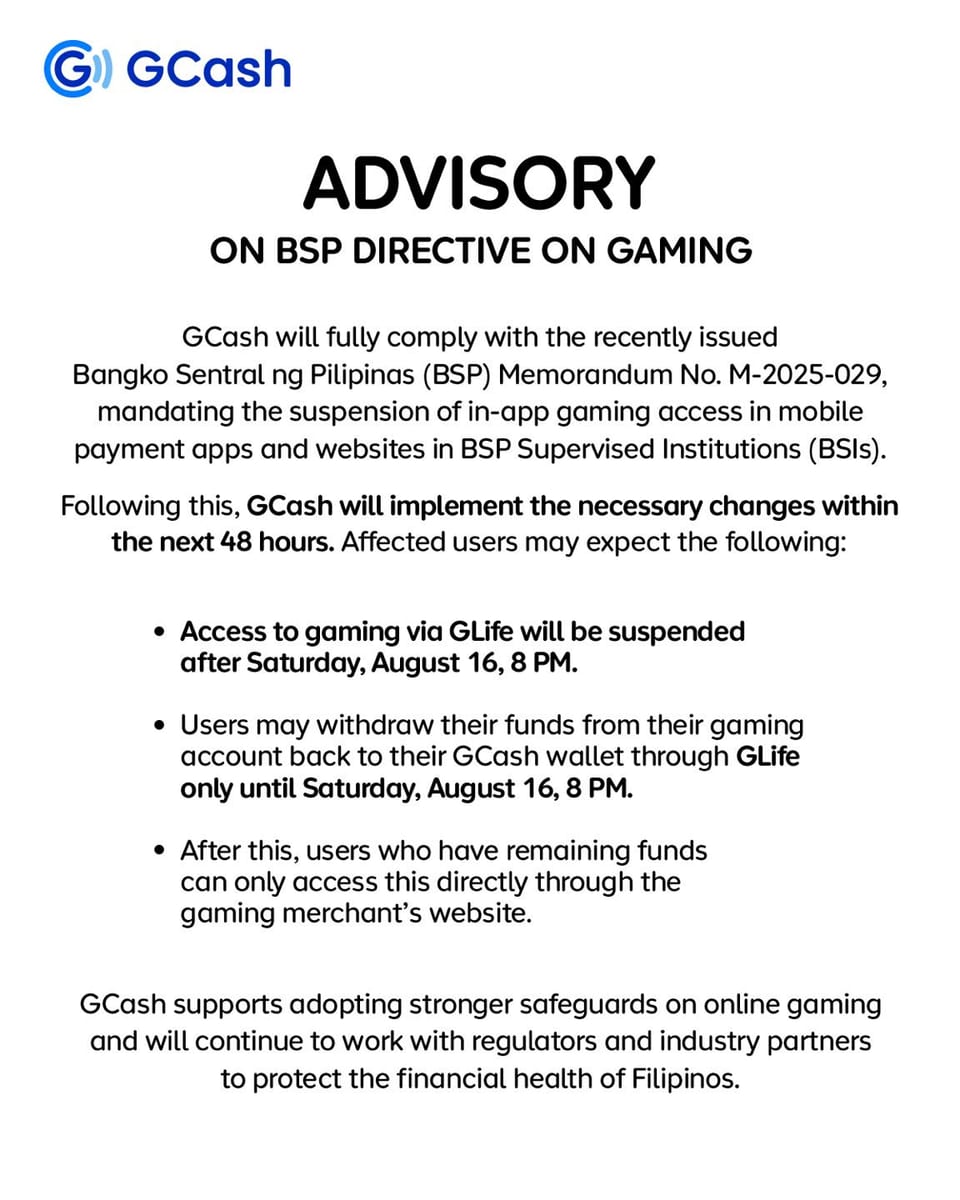 GCash advisory on BSP Directive on Gambling